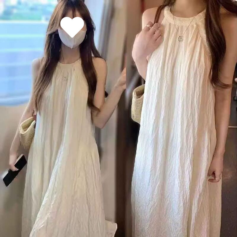 Sera轻奢法式温柔甜美风白色挂脖海边度假挂脖连衣裙女夏季显瘦A