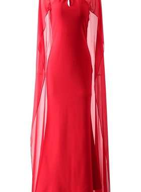 Sera轻奢现货果儿新款女装红色晚礼服裙配山茶花斗篷连衣裙年中