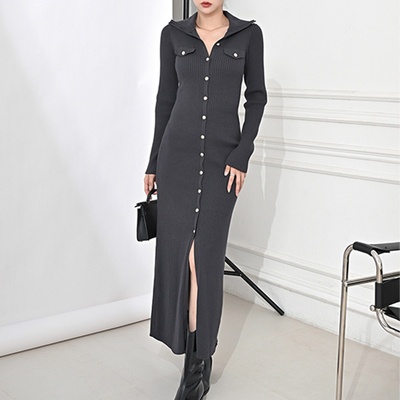 Sera轻奢法式赫本风设计感纽扣长款针织连衣裙复古秋冬搭配大衣