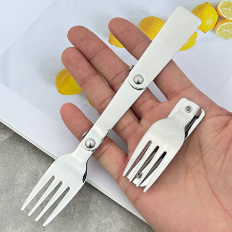 304不锈钢可折叠叉露营旅行外出携带三折叉户外餐具伸缩式小叉子