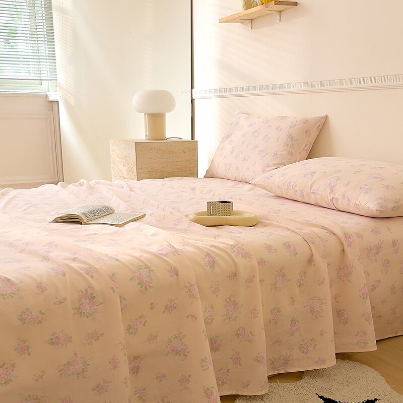 胭脂粉色小碎花全棉双层纱床单单件米黄底色纯棉被单单人1.21.5米