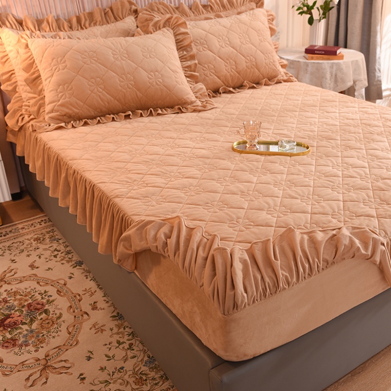 精美荷叶边夹棉水晶绒床笠驼色加厚法兰绒床垫套防滑固定床套罩