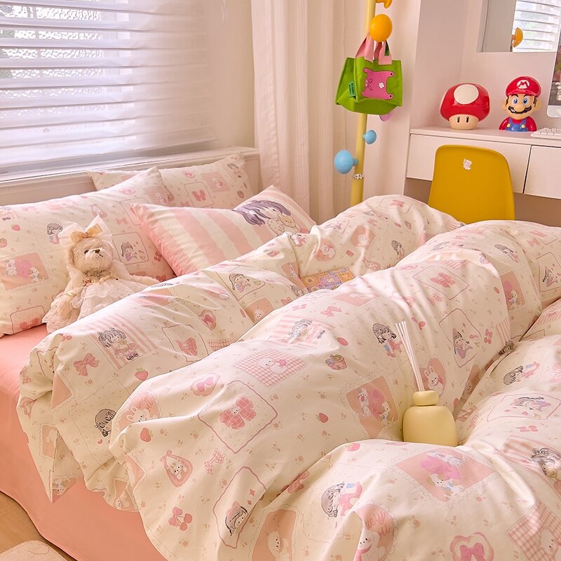 卡通小女生纯棉斜纹四件套玉粉浅粉米白色小清新全棉床上用品套件