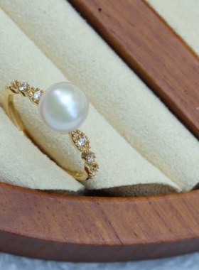 S925银镀金Akoya真多麻戒指女7-8mm强光极光清冷感高级开口指环