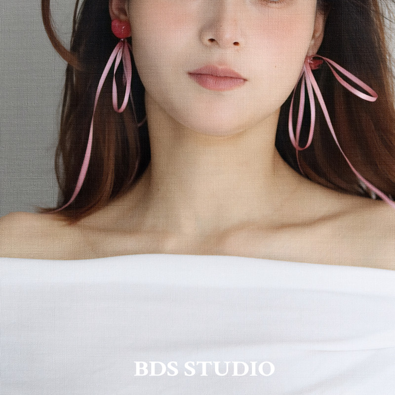 BDS STUDIO原创超仙气质甜美爱心丝带耳环超长芭蕾风蝴蝶结耳夹