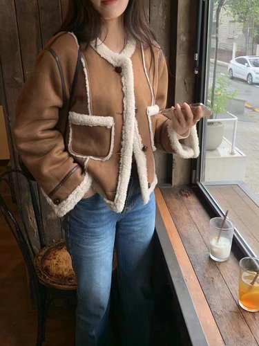 miluroom韩系粉色羊羔毛外套秋冬女新款温柔风显瘦皮毛一体短上衣