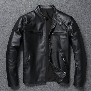 青年夹克短款 做旧机车服立领修身 清仓头层小牛皮真皮皮衣男装 反季