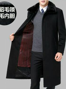 冬装加长款棉衣爸爸男士中老年风衣过膝尼克服爸爸加厚大衣外套男