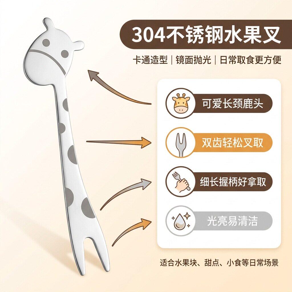304不锈钢长颈鹿水果叉卡通波点二齿叉家用水果蛋糕下午茶小叉子