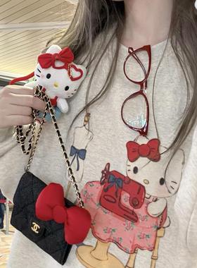 DOLL原创 【缝纫k1tty】卡通印花圆领卡通印花红色格子半身裙套装