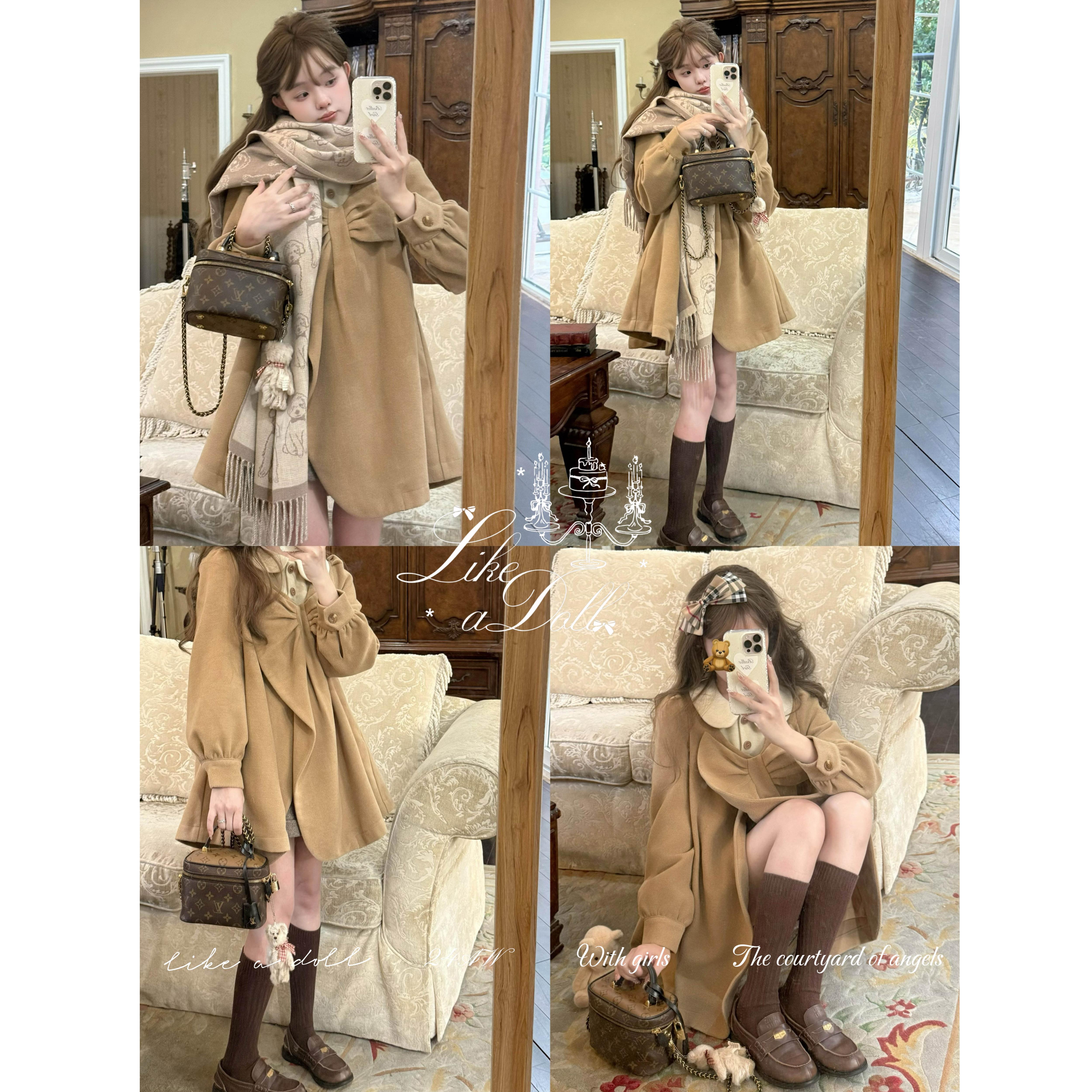 DOLL原创 -财阀小女儿-千金风呢大衣女冬新款蝴蝶结假领毛呢外套