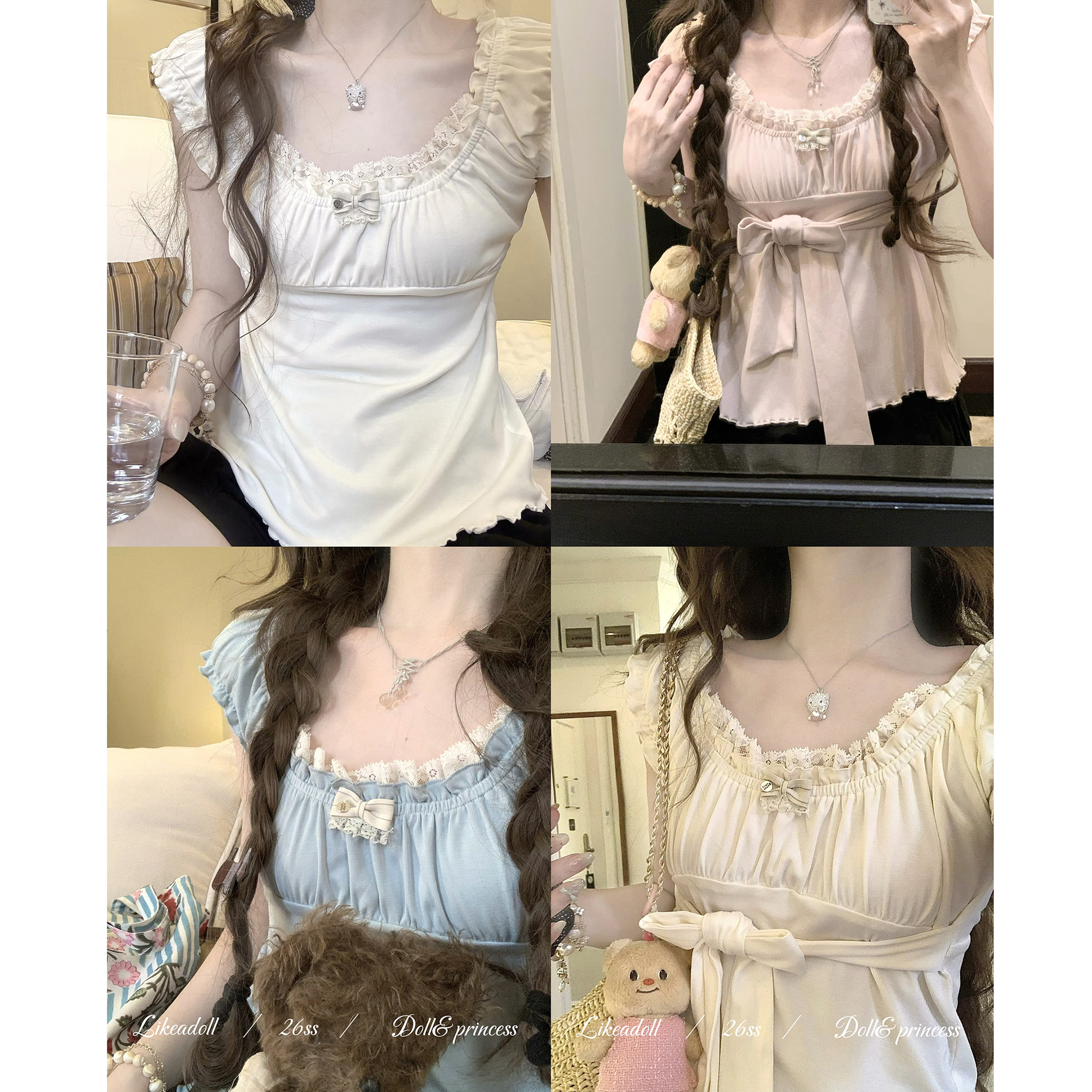 Doll原创『软软的』蝴蝶结绑带圆领小上衣女夏季修身显瘦短袖t恤