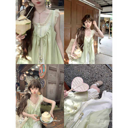 森系小飞袖绑带假两件连衣裙