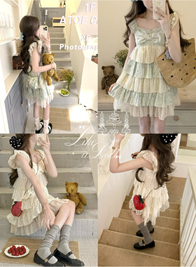 DOLL原创-午后茶歇裙-夏新款甜美少女小飞袖蝴蝶结两色拼接连衣裙