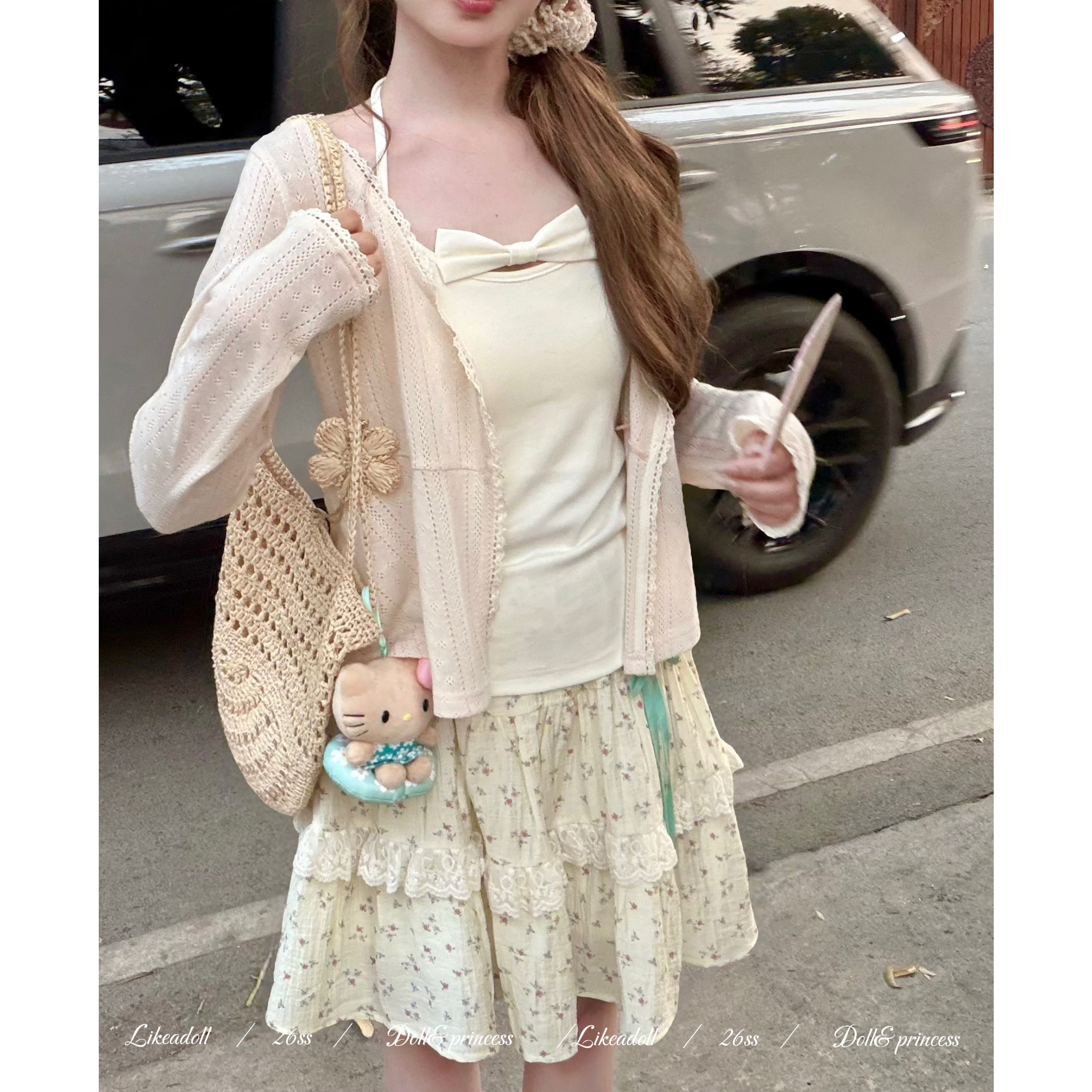 Doll『碎莓冰沙』镂空开衫蝴蝶结吊带碎花半身裙套装女夏季新款
