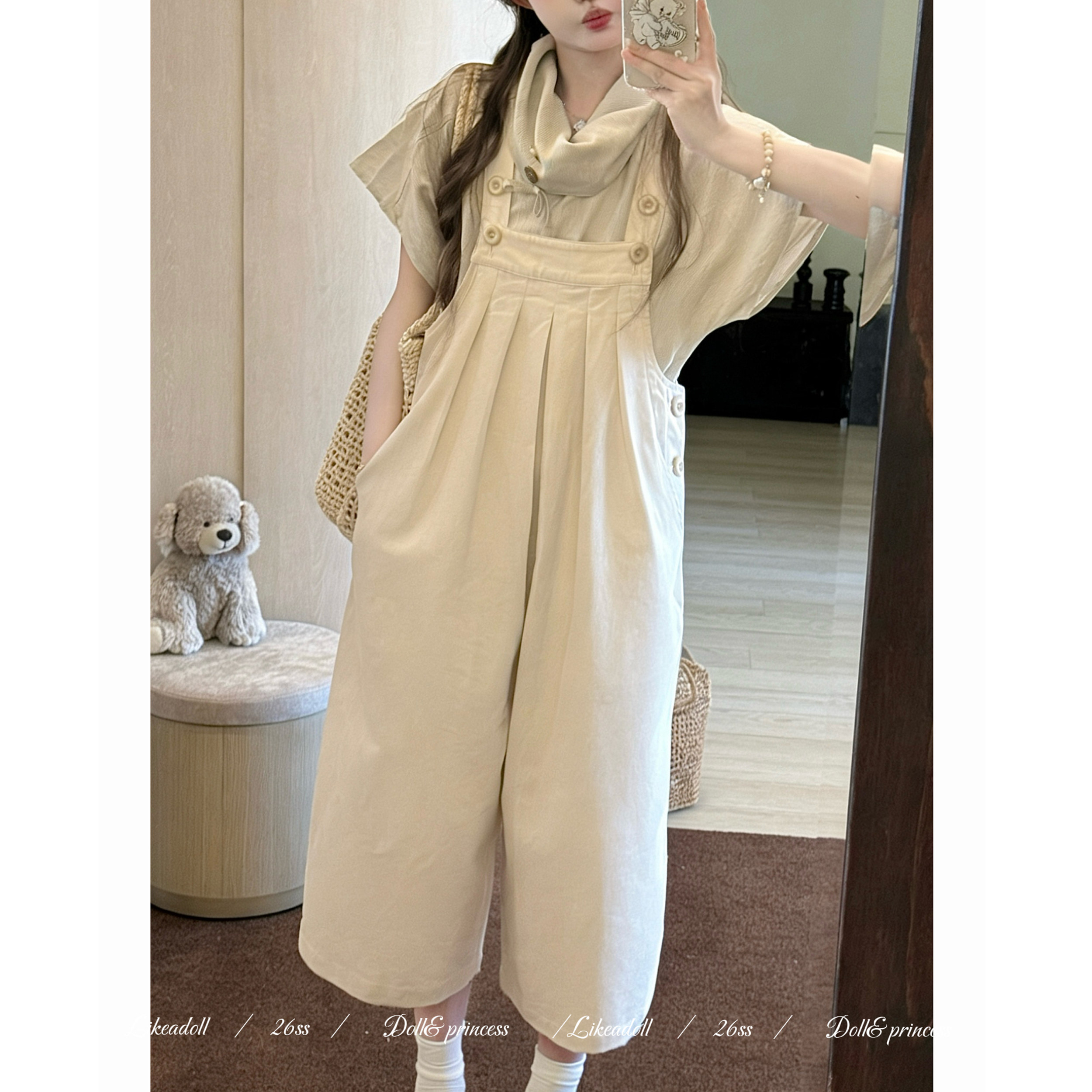 Doll原创『旧茶日纪』森系背带裤衬衫套装女夏设计感宽松两件套