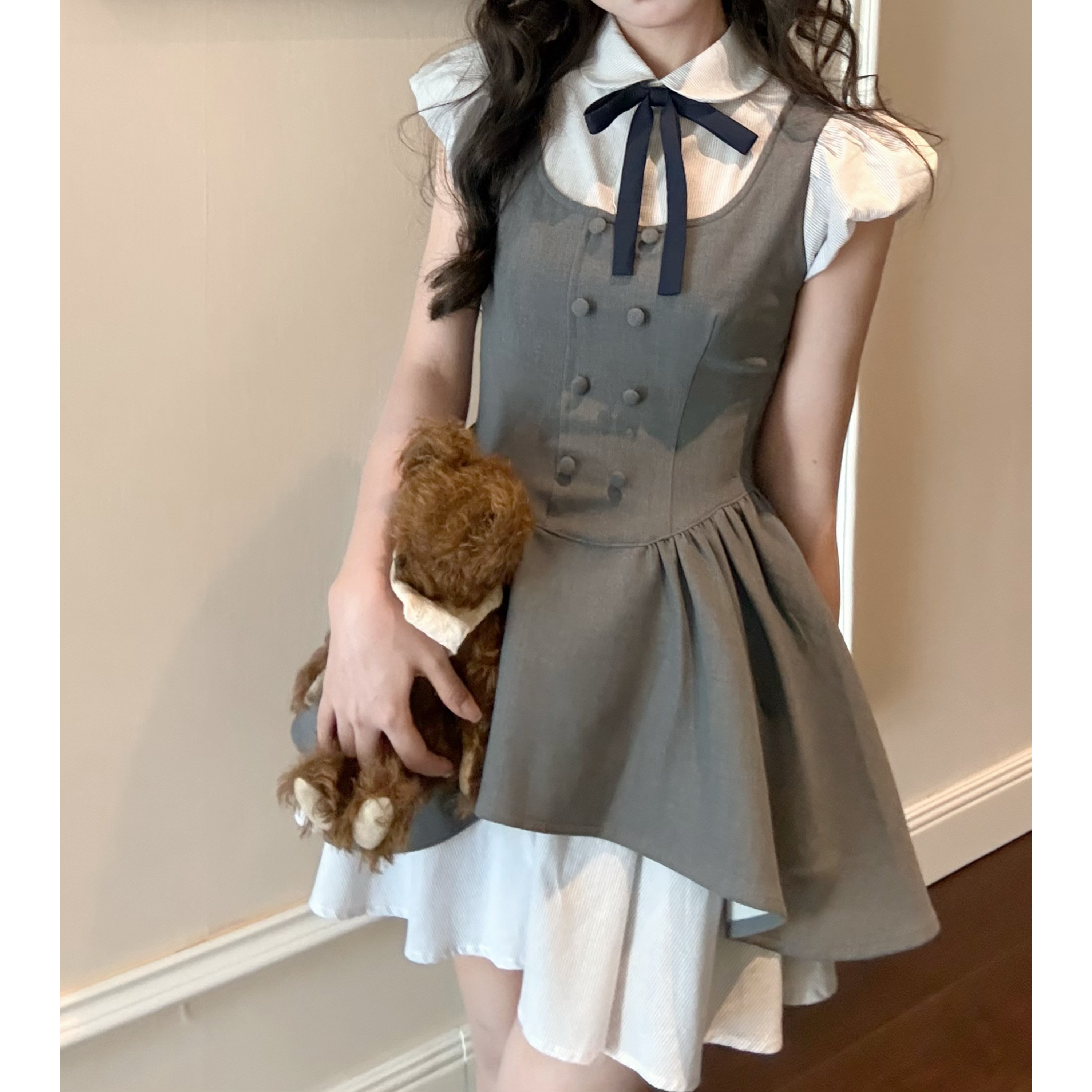 日系千金假两件连衣裙