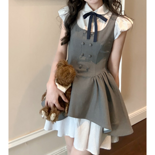 蝴蝶结收腰裙子 日系千金假两件连衣裙泡泡袖 DOLL原创 安妮日记