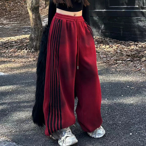 加绒卫裤女宽松显瘦纯棉松紧腰阔腿裤条纹运动休闲裤红色长裤冬季