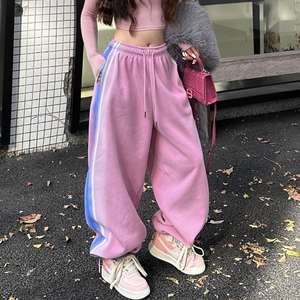 加绒卫裤女宽松显瘦松紧腰粉红运动休闲裤怀旧阔腿长裤冬季新品潮