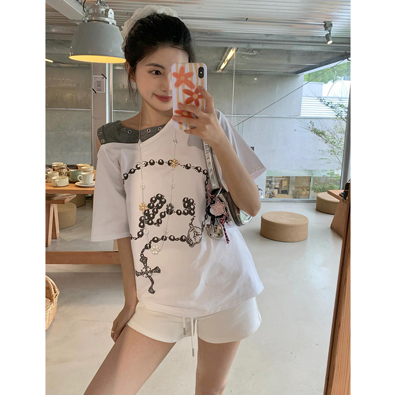 美式复古不对称斜肩短袖女夏季项链印花休闲t恤拼接设计露肩上衣