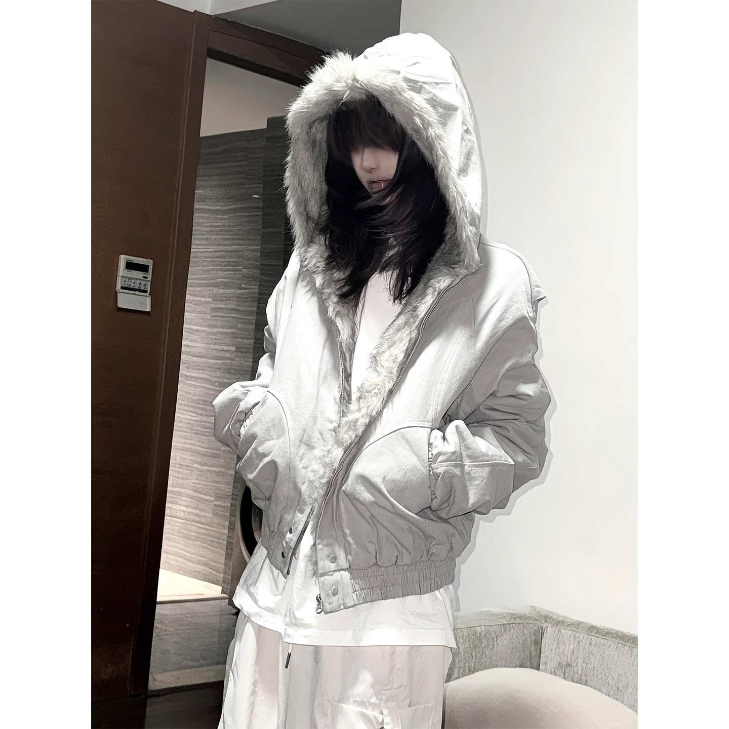 韩系穿搭慵懒风座山雕毛领棉服女