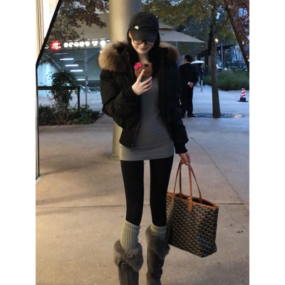 【韩系穿搭】黑色短款连帽羽绒服