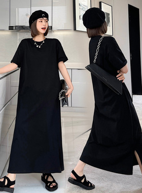 春夏纯色大码女装ins韩国黑色宽松胖MM遮肉开叉连衣裙长款过膝T恤