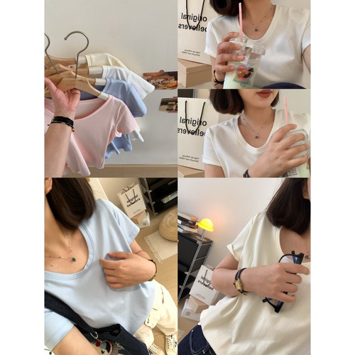 冰感纯色U领短袖T恤女透气显瘦