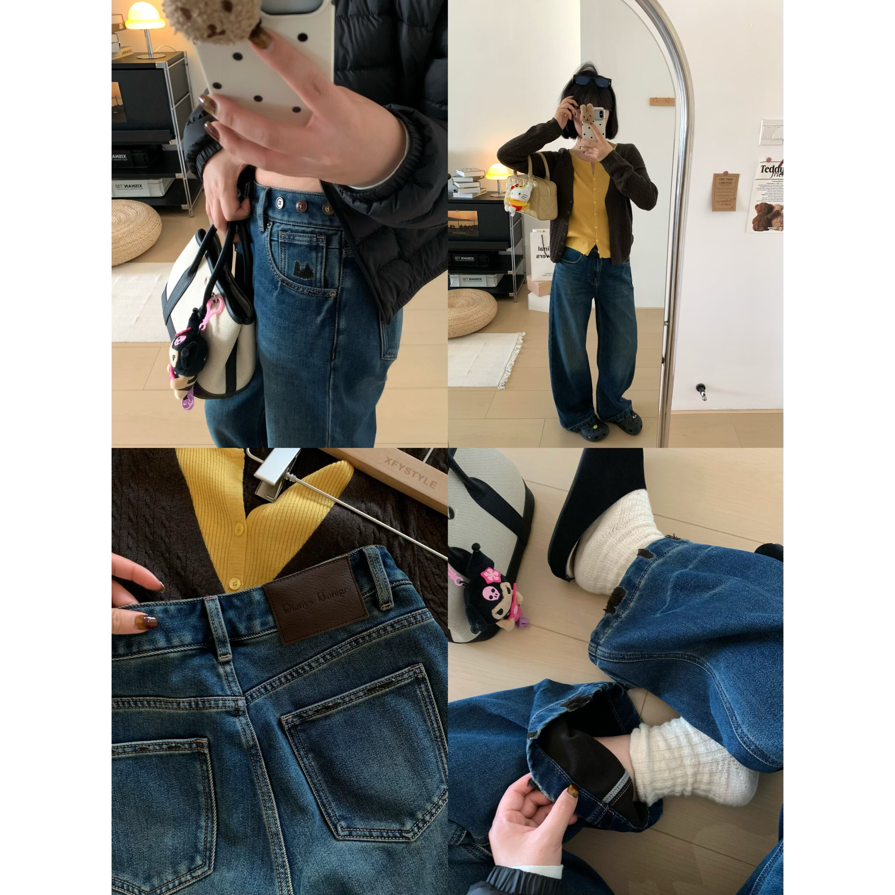 裤脚毛边窄版直筒牛仔阔腿长裤