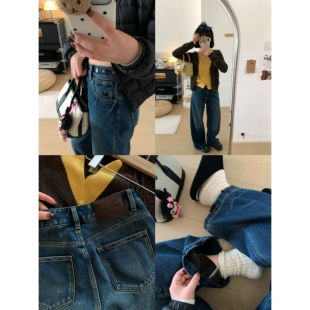 XFYSTYLE_设计感植绒毛边阔腿牛仔裤女25冬窄版显瘦高腰直筒长裤