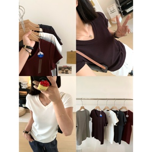 T恤女夏正肩显瘦休闲百搭上衣 XFYSTYLE_云感亲肤弹力基础v领短袖