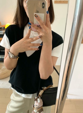 100%绵羊毛V领纯色针织马甲女