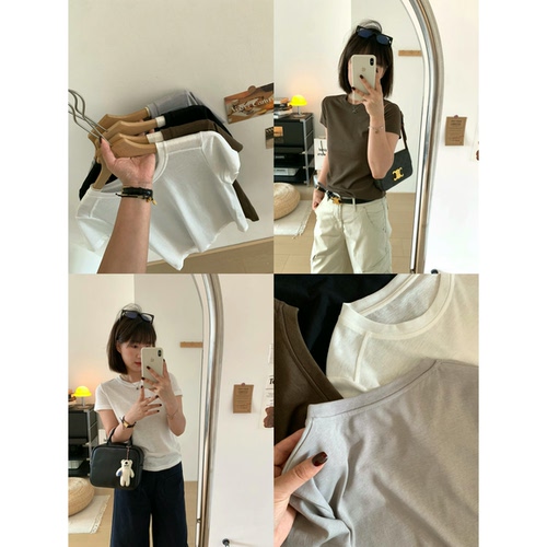 韩系松弛感纯色弹力修身短袖T恤