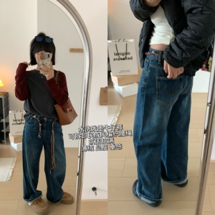 XFYSTYLE_设计感水洗做旧猫须纹加绒牛仔裤女冬季宽松显瘦阔腿裤