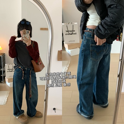 水洗抓纹泼墨直筒显瘦牛仔长裤冬