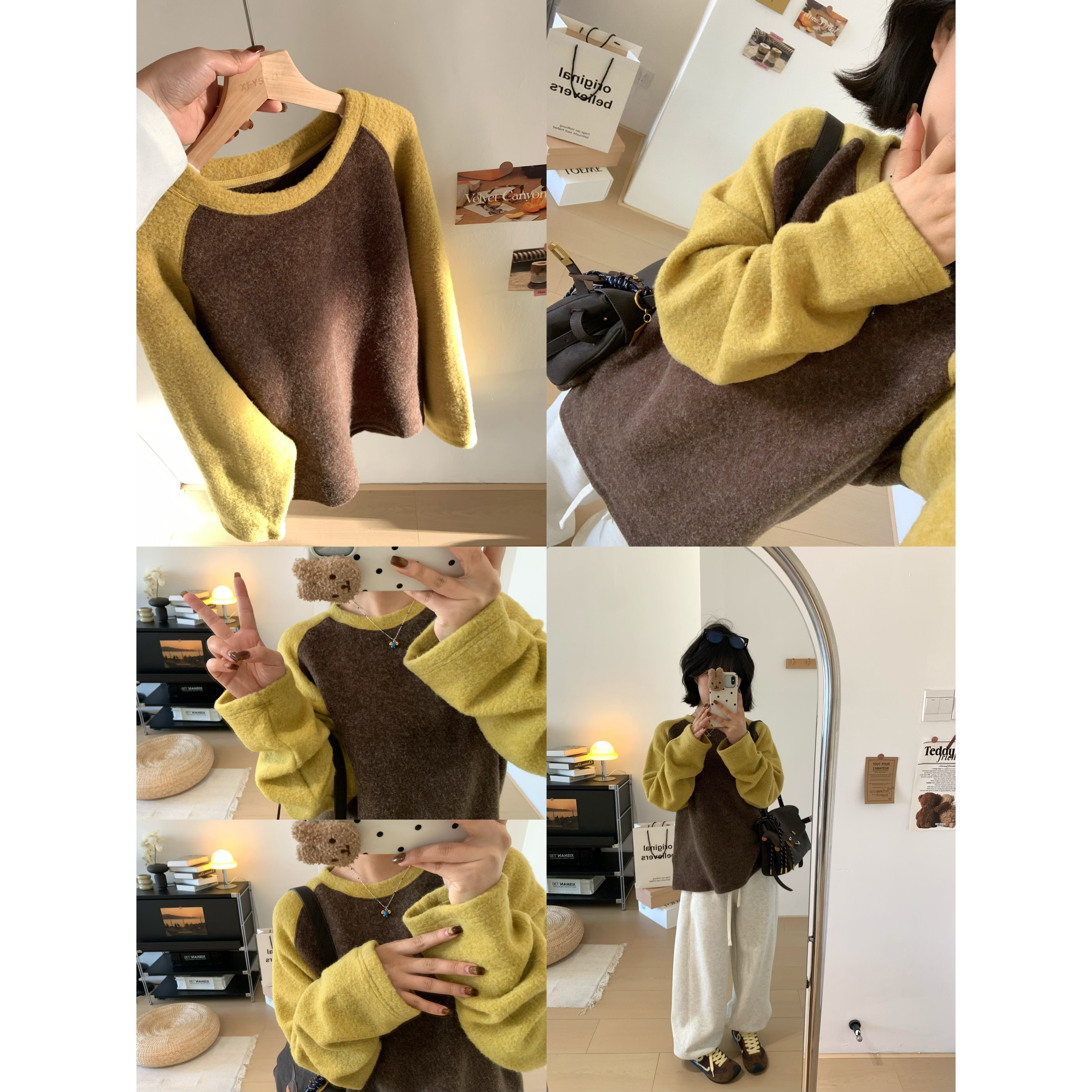 加厚暖绒超舒适撞色插肩袖T恤