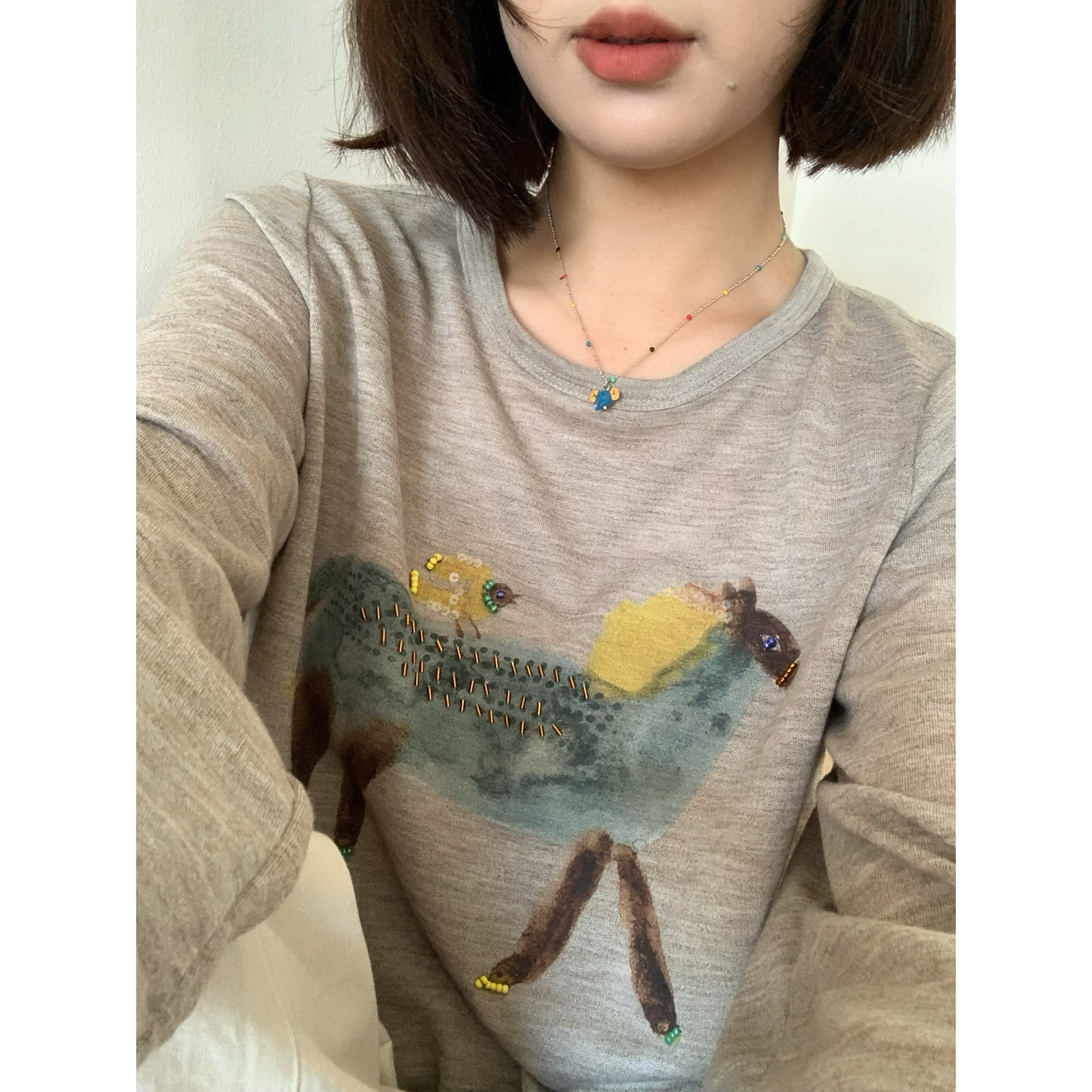 XFYSTYLE_高级感手工钉珠水墨小马T恤宽松慵懒风夏防晒长袖上衣女