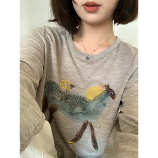 XFYSTYLE_高级感手工钉珠水墨小马T恤宽松慵懒风早春长袖 上衣女