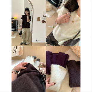 XFYSTYLE_软糯桑蚕丝羊毛拉毛短袖针织衫女韩系圆领宽松纯色毛衣