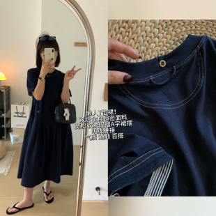 XFYSTYLE_藏青小马刺绣短袖连衣裙全棉宽松捏褶A字通勤懒人T恤裙