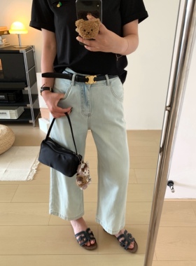 XFYSTYLE_天丝汗麻薄软凉感浅蓝色牛仔裤女夏高腰显瘦阔腿九分裤