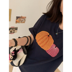 XFYSTYLE_重工刺绣南瓜T恤女宽松慵懒风纯棉短袖百搭减龄显瘦上衣