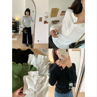 XFYSTYLE_竹节棉亨利领长袖T恤女纽扣半开领修身显瘦内搭打底上衣