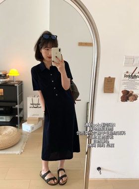 藏青POLO翻领垂感通勤连衣裙