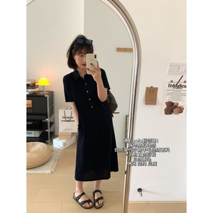XFYSTYLE_藏青polo翻领连衣裙女双口袋半开扣垂感通勤短袖中长裙