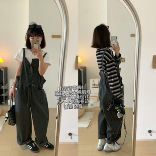XFYSTYLE_做旧水洗工装背带裤女抽绳收腰小个子宽松阔腿连体裤