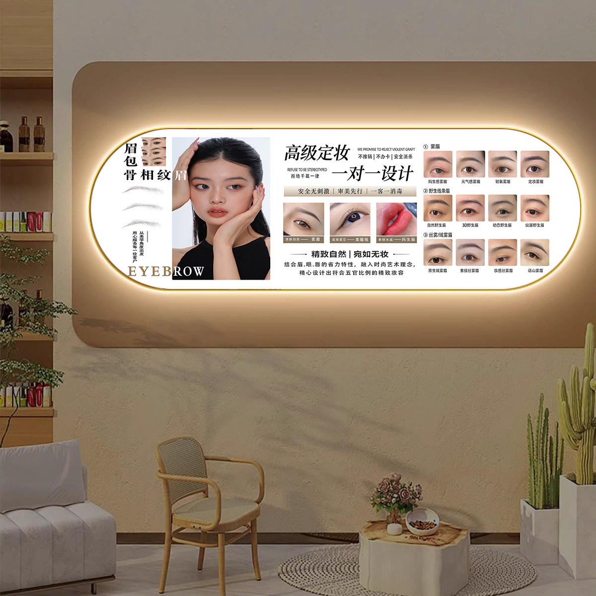 椭圆形半永久纹绣装饰挂画眉眼唇美甲美睫美妆美容院背景墙壁挂画