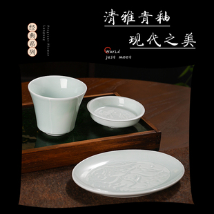 景德镇餐具味碟茶杯毛巾碟三件套影青陶瓷系列家用酒店餐饮店定制