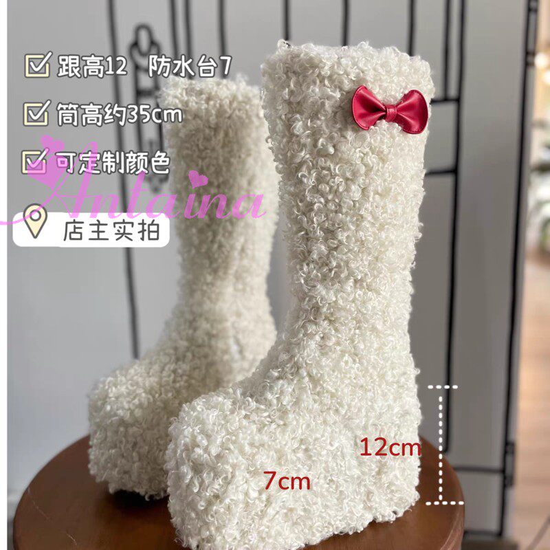增高厚底鞋毛绒鞋可爱卷卷毛大码女靴蝴蝶结秋冬款可定制nana